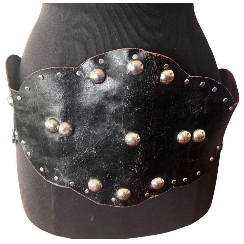 Vintage Handmade Black Leather Celestial Moon Nude Lady Studded Wide Waist Belt - Picture 2 of 16